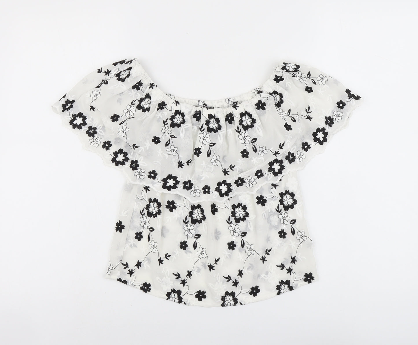 Lipsy Womens White Floral Polyester Cropped Blouse Size 8 Off the Shoulder - Bardot