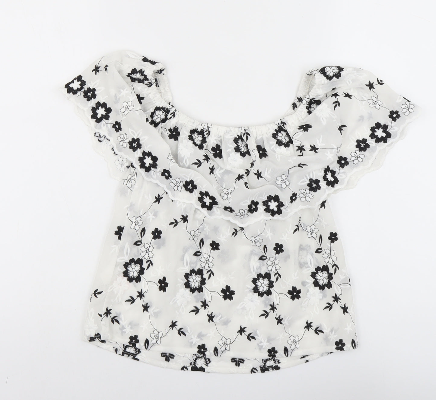 Lipsy Womens White Floral Polyester Cropped Blouse Size 8 Off the Shoulder - Bardot