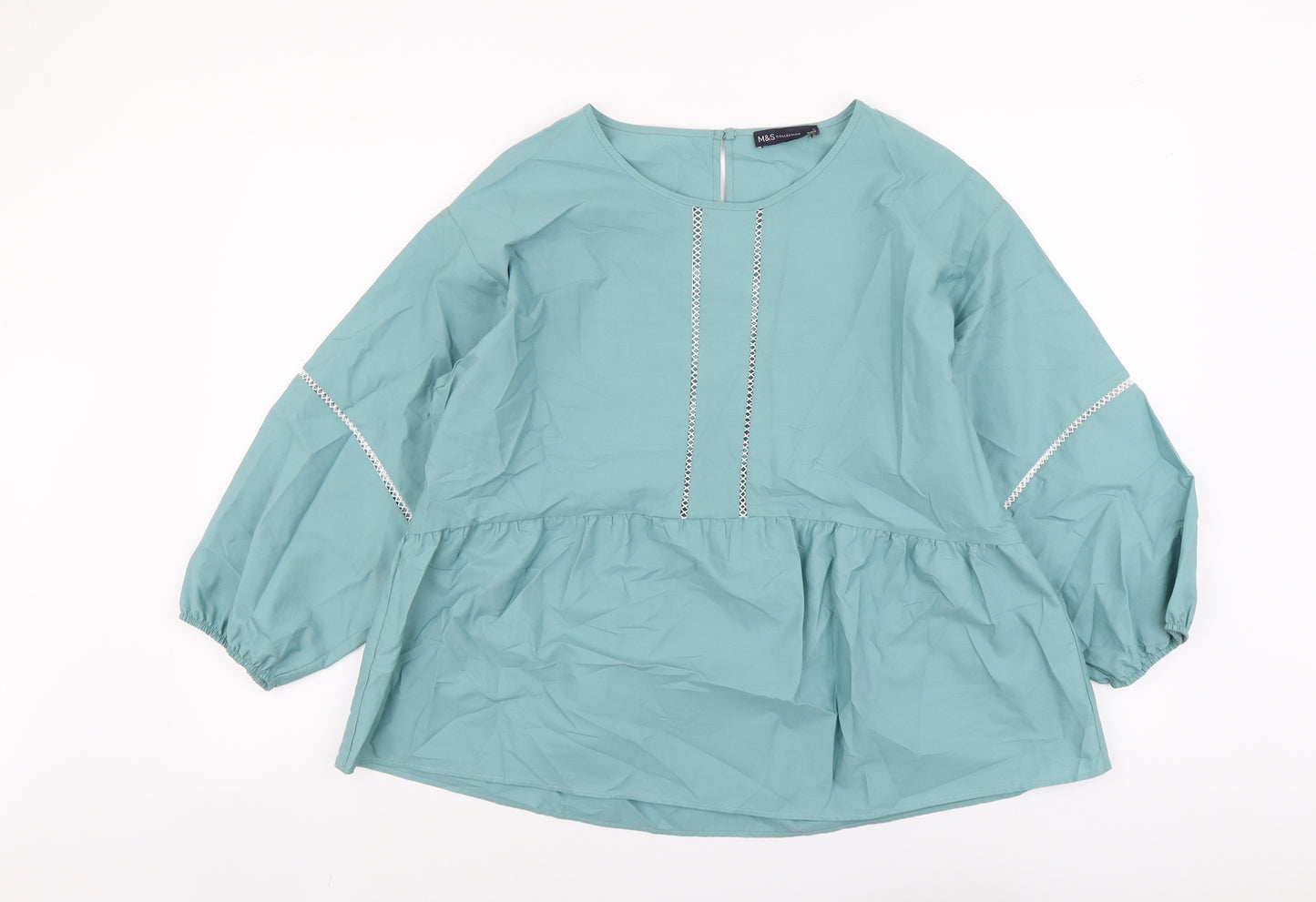 Marks and Spencer Womens Green Cotton Basic Blouse Size 12 Scoop Neck