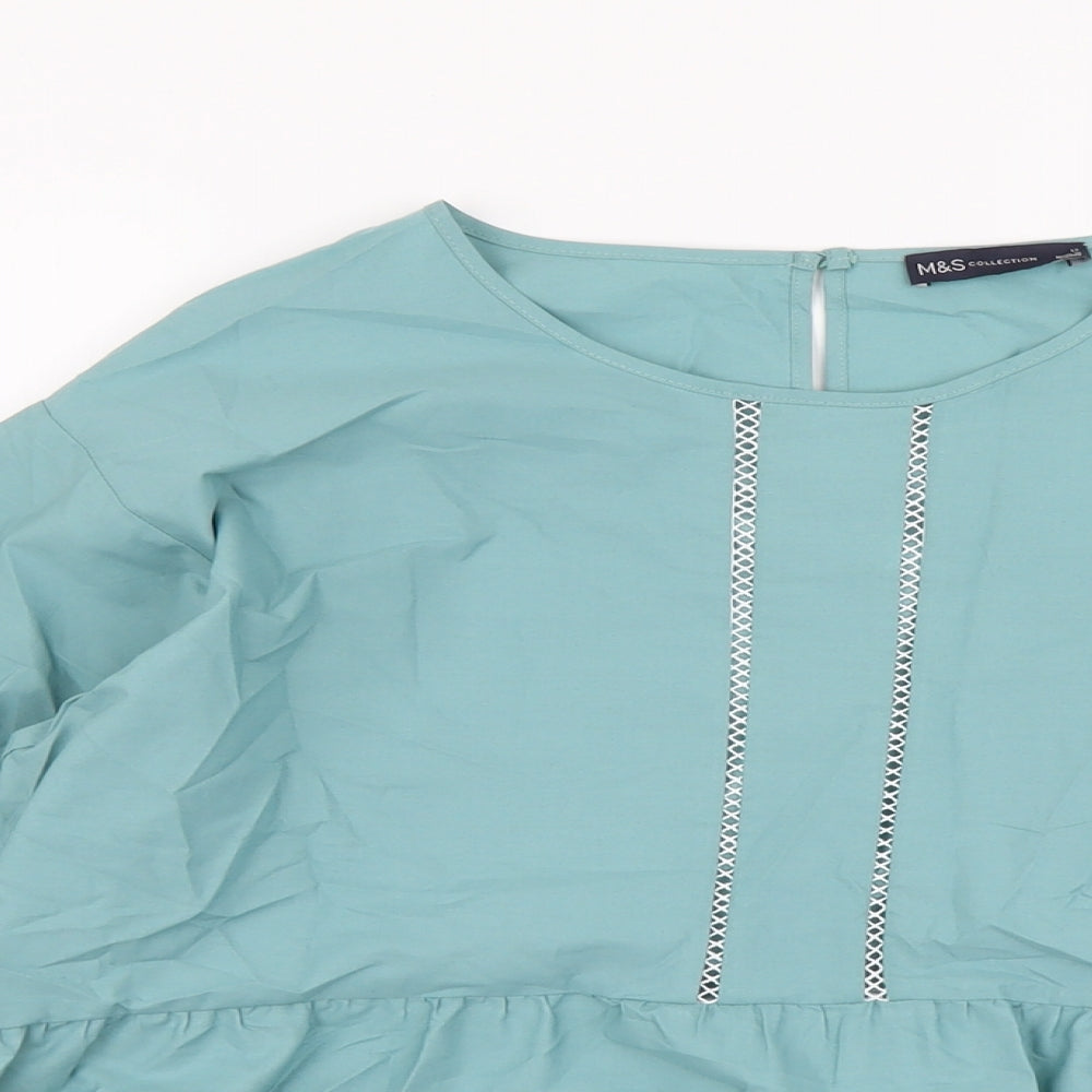 Marks and Spencer Womens Green Cotton Basic Blouse Size 12 Scoop Neck
