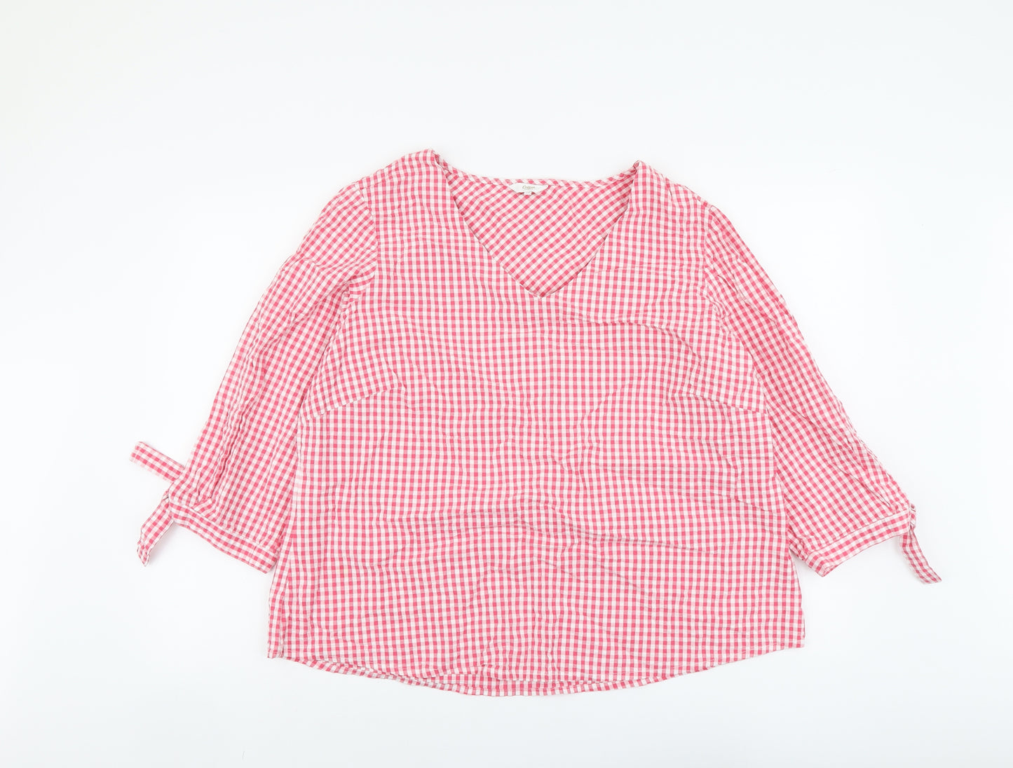 Cotton Traders Womens Pink Check Cotton Basic Blouse Size 18 V-Neck - Sleeve Tie Detail