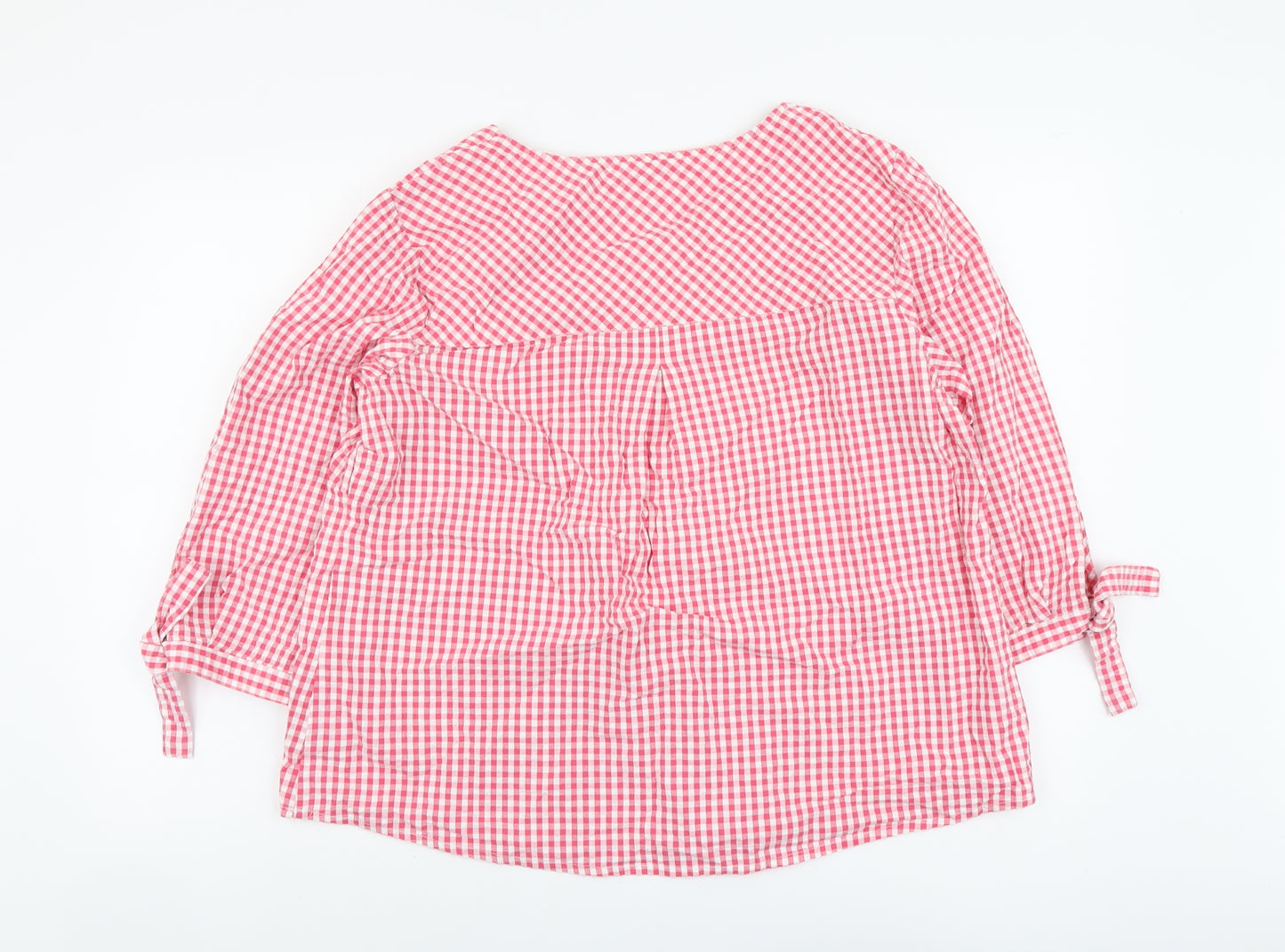 Cotton Traders Womens Pink Check Cotton Basic Blouse Size 18 V-Neck - Sleeve Tie Detail