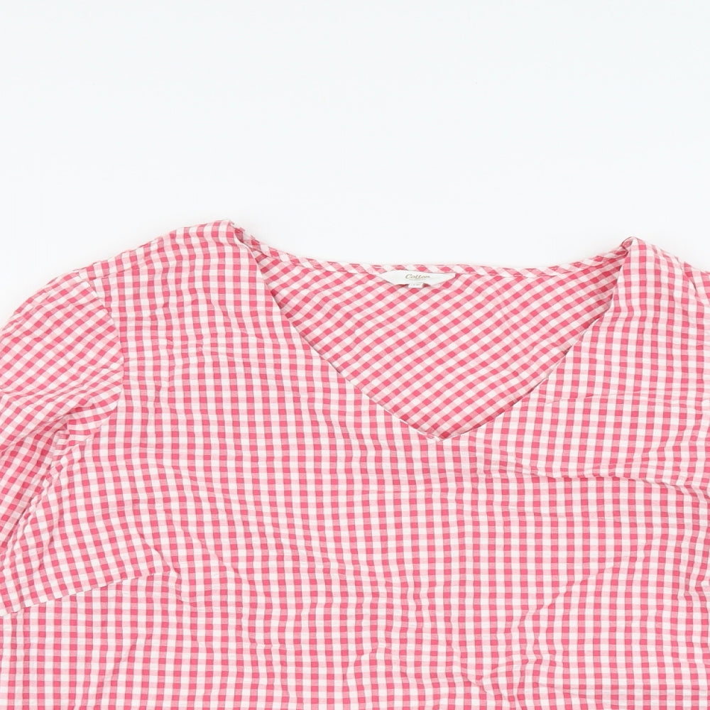 Cotton Traders Womens Pink Check Cotton Basic Blouse Size 18 V-Neck - Sleeve Tie Detail