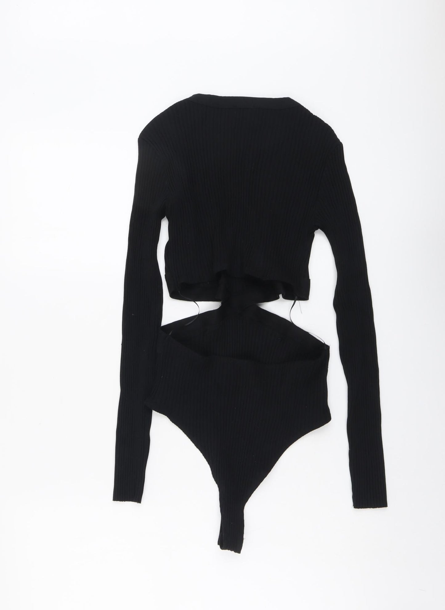 Zara Womens Black Cotton Bodysuit One-Piece Size L Snap - Ribbed Cut Out