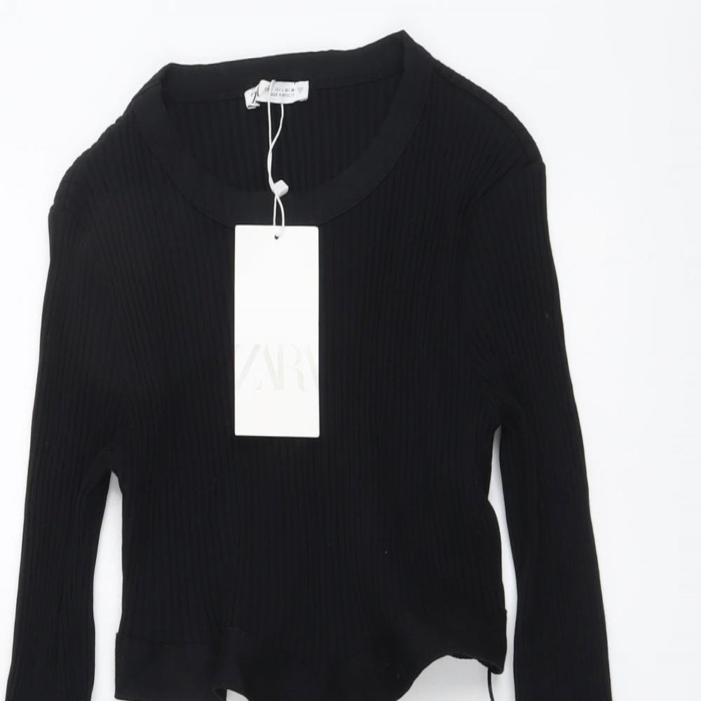 Zara Womens Black Cotton Bodysuit One-Piece Size L Snap - Ribbed Cut Out