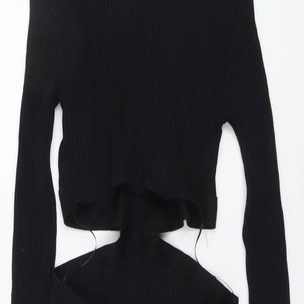 Zara Womens Black Cotton Bodysuit One-Piece Size L Snap - Ribbed Cut Out