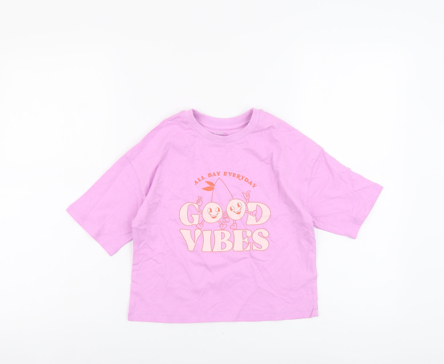 Marks and Spencer Girls Purple Cotton Basic T-Shirt Size 7-8 Years Round Neck Pullover - Good Vibes