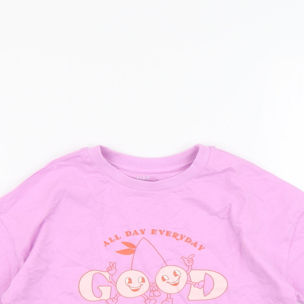 Marks and Spencer Girls Purple Cotton Basic T-Shirt Size 7-8 Years Round Neck Pullover - Good Vibes