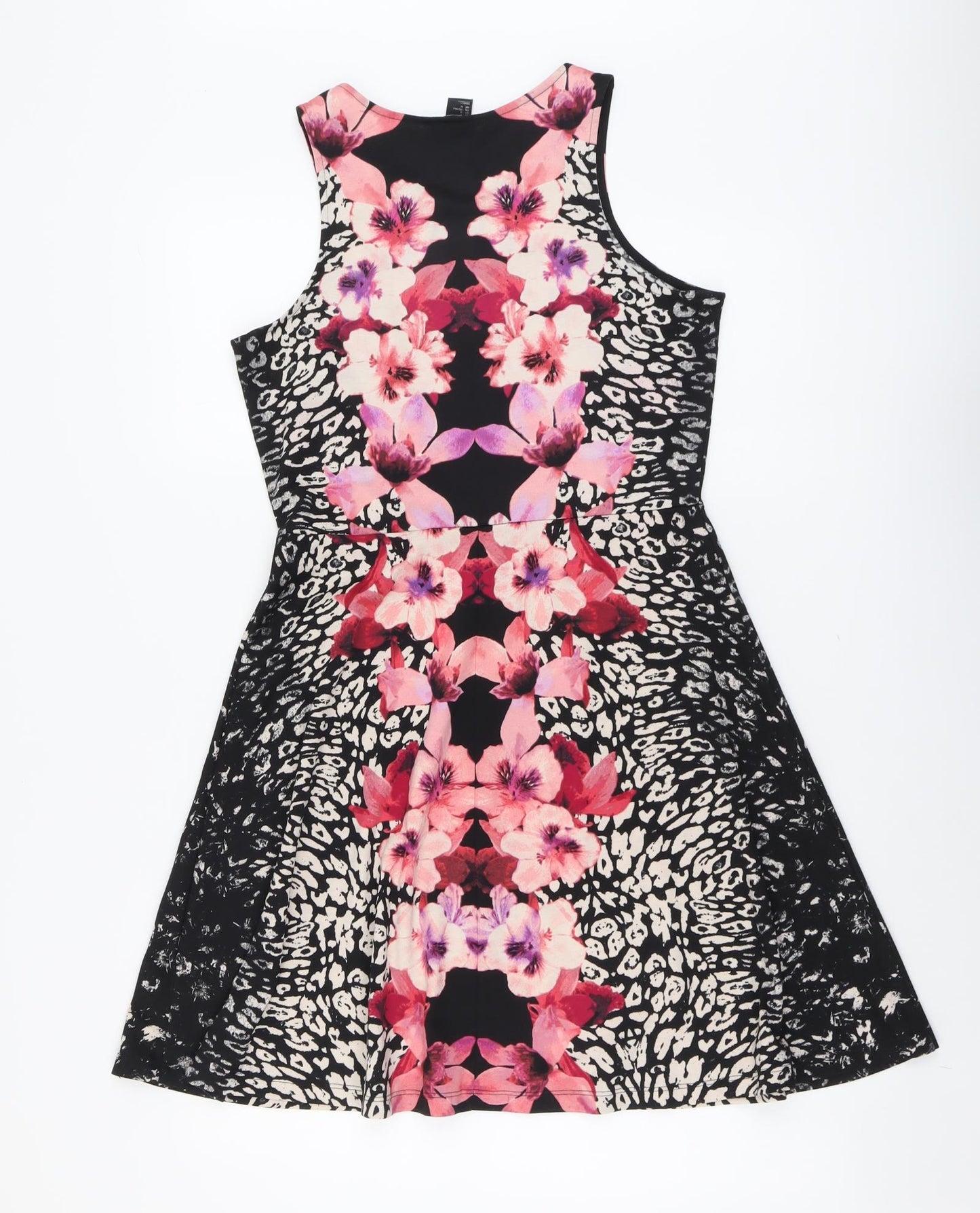 H&M Womens Black Floral Polyester Fit & Flare Size M Round Neck Pullover