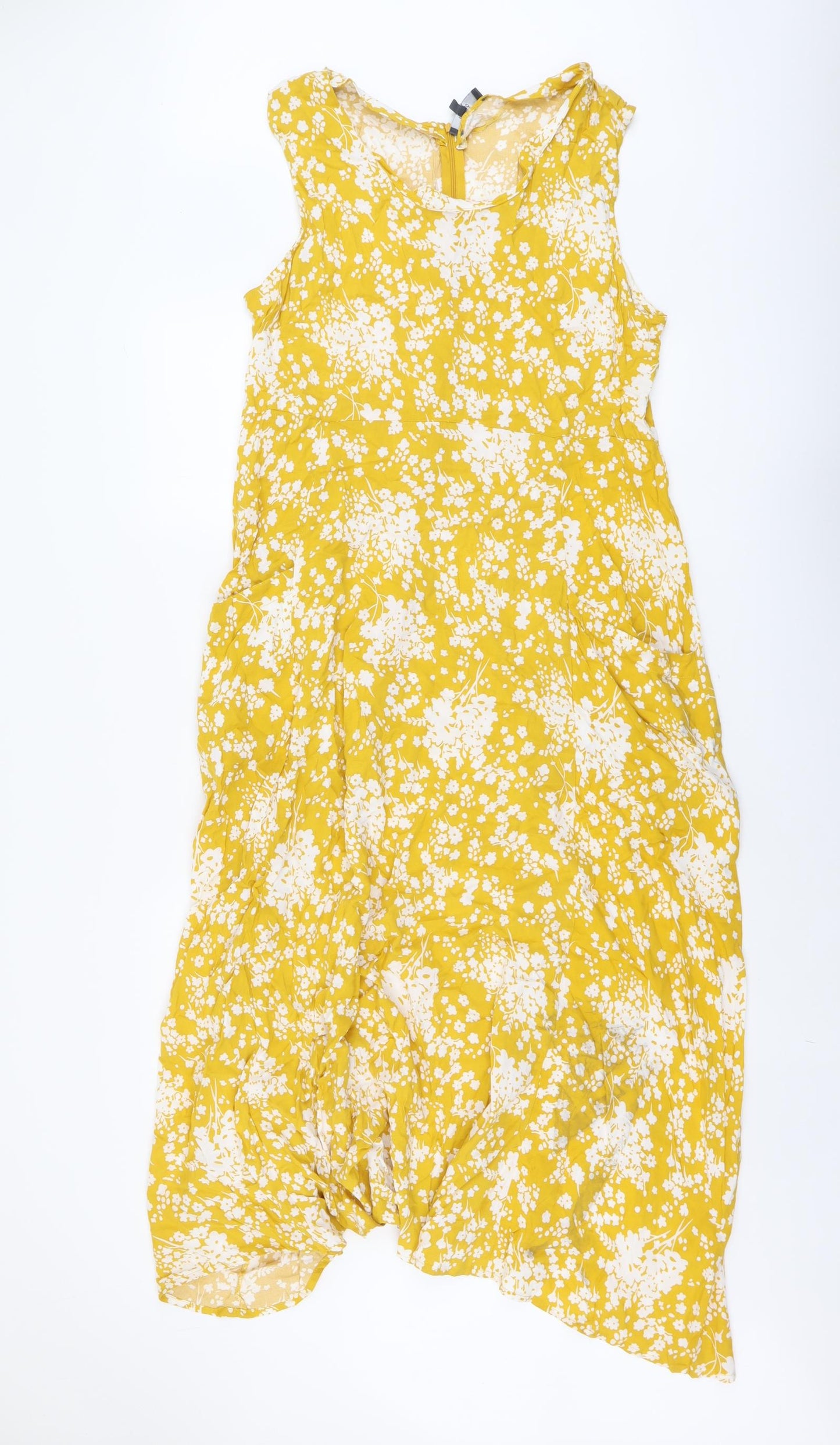 Studio Womens Yellow Floral Viscose Trapeze & Swing Size 14 Round Neck Zip