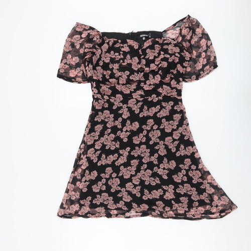 Missguided Womens Black Floral Polyester Trapeze & Swing Size 6 Off the Shoulder Zip