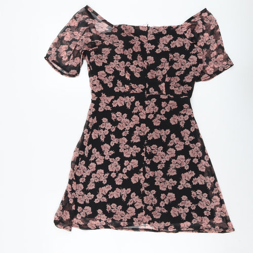 Missguided Womens Black Floral Polyester Trapeze & Swing Size 6 Off the Shoulder Zip