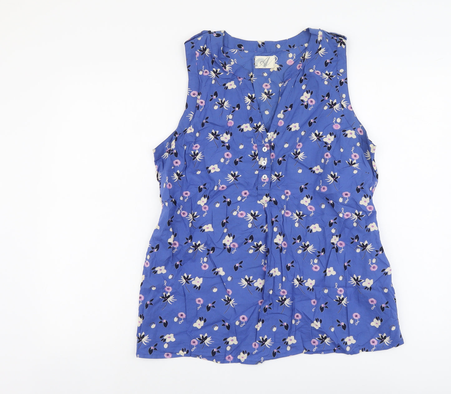BHS Womens Blue Floral Cotton Basic Tank Size 12 V-Neck
