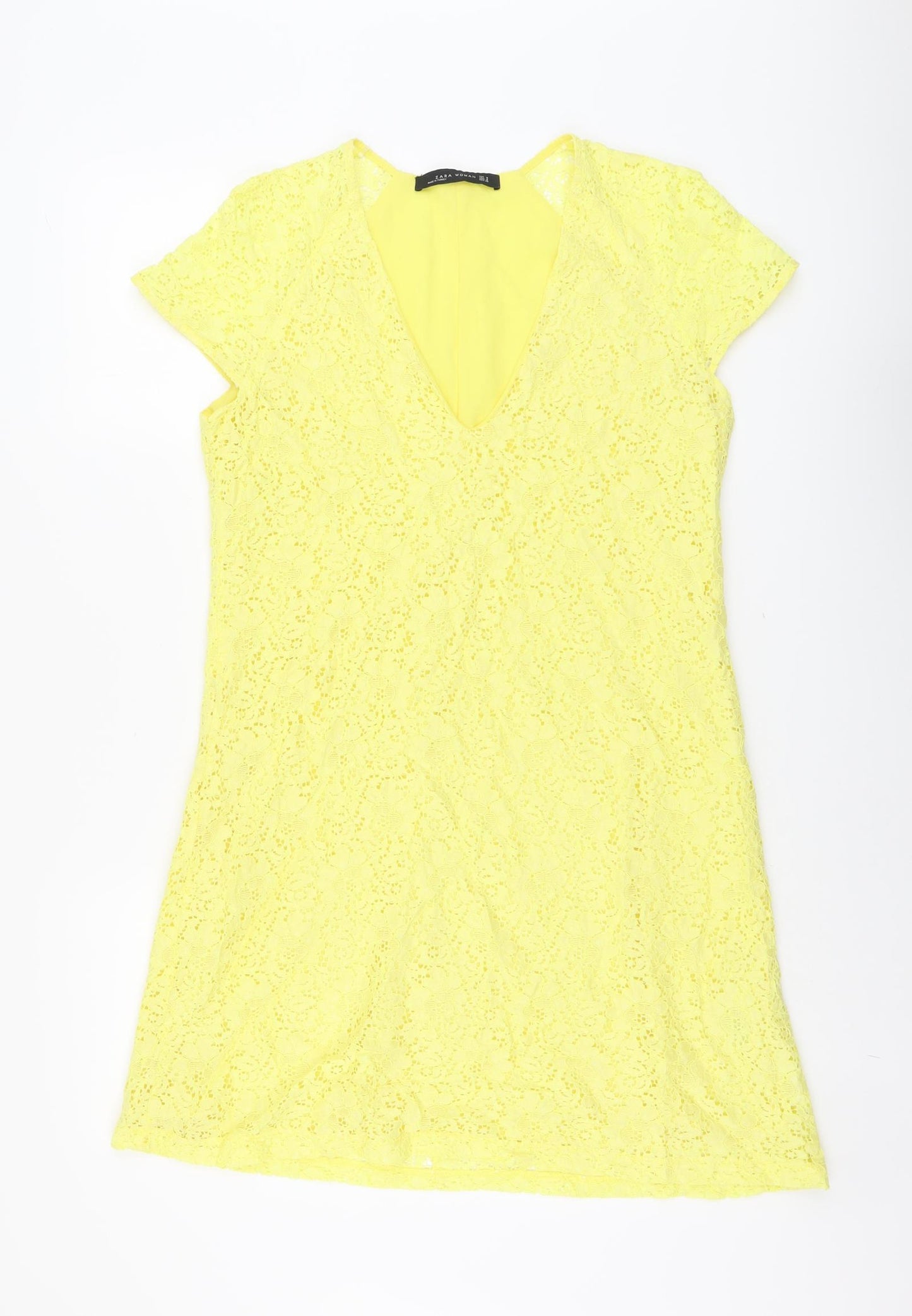 Zara Womens Yellow Geometric Polyamide A-Line Size M V-Neck Pullover