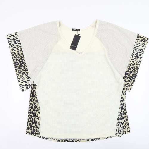 SHEILAY Womens Multicoloured Animal Print Polyester Basic Blouse Size L V-Neck - Leopard Pattern