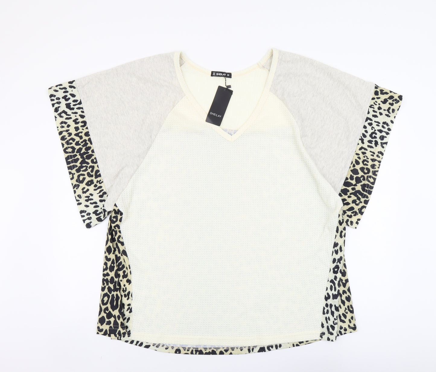 SHEILAY Womens Multicoloured Animal Print Polyester Basic Blouse Size L V-Neck - Leopard Pattern