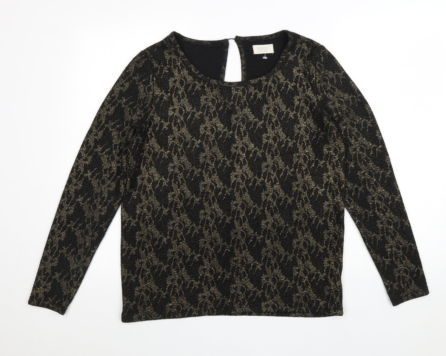 Numph Womens Black Geometric Polyester Basic Blouse Size L Scoop Neck