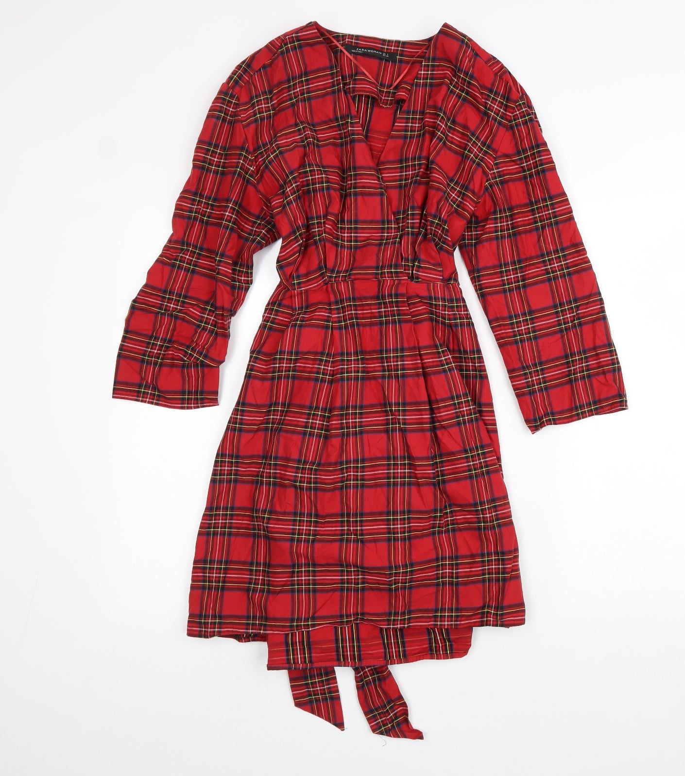 Zara Womens Red Plaid 100% Cotton Trapeze & Swing Size S V-Neck Zip