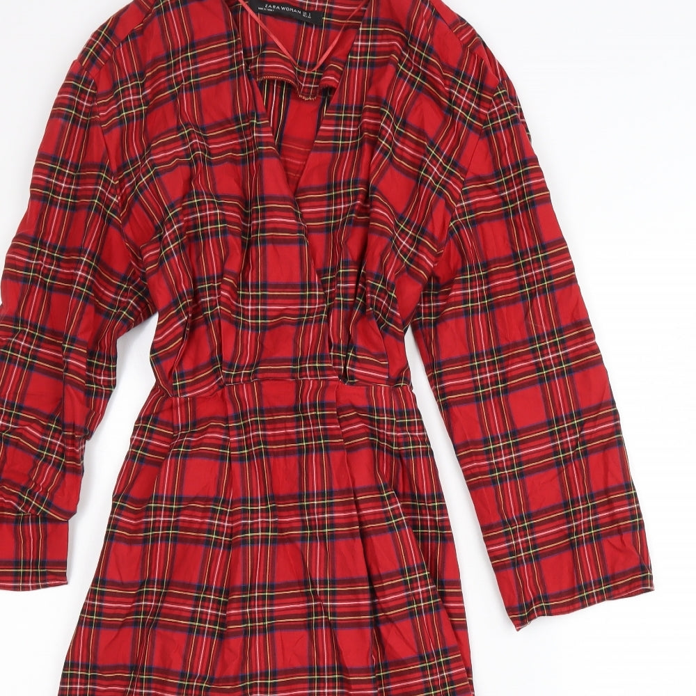 Zara Womens Red Plaid 100% Cotton Trapeze & Swing Size S V-Neck Zip