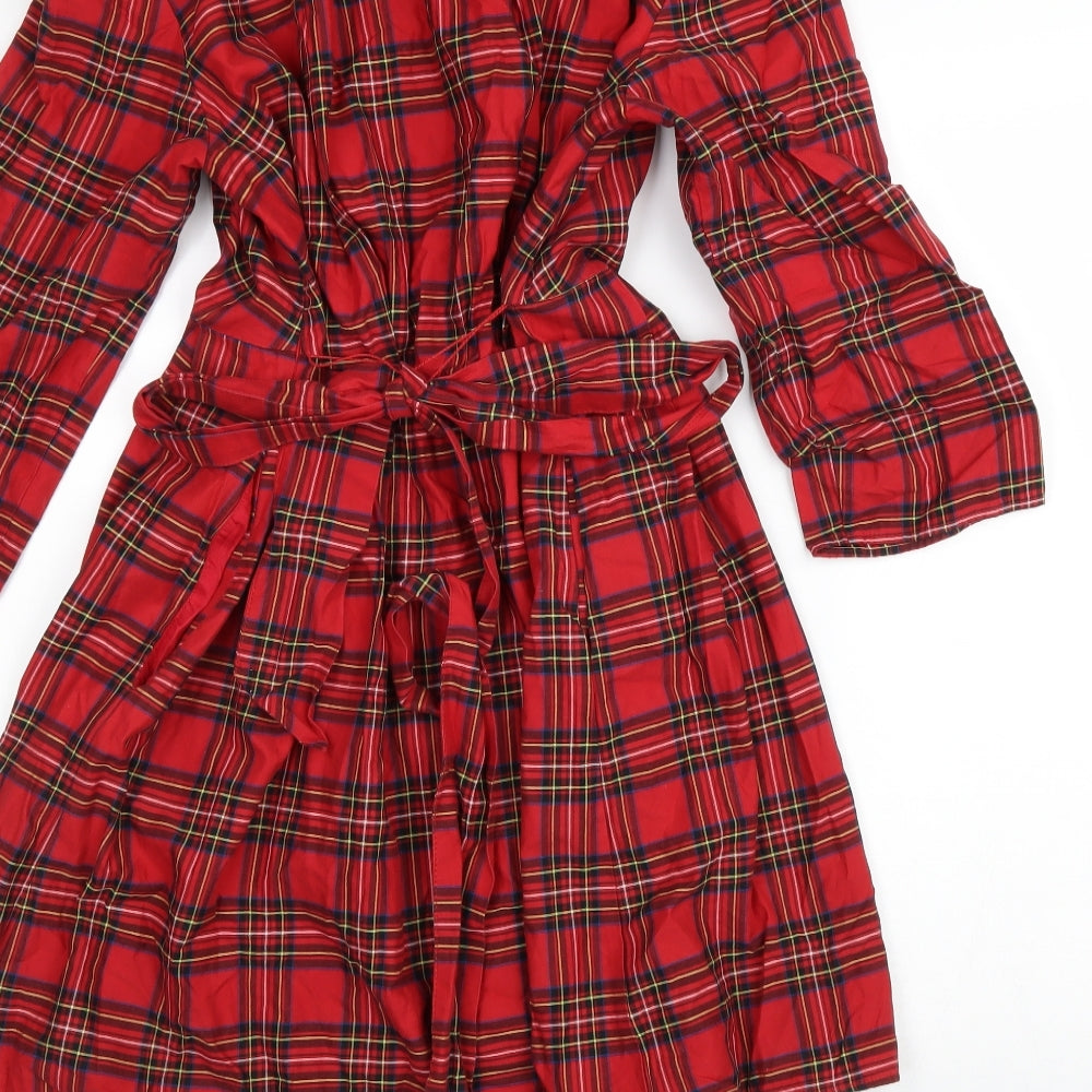 Zara Womens Red Plaid 100% Cotton Trapeze & Swing Size S V-Neck Zip