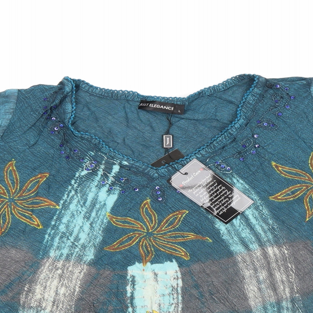 Just Elegance Womens Green Geometric Viscose Basic Blouse Size L Scoop Neck