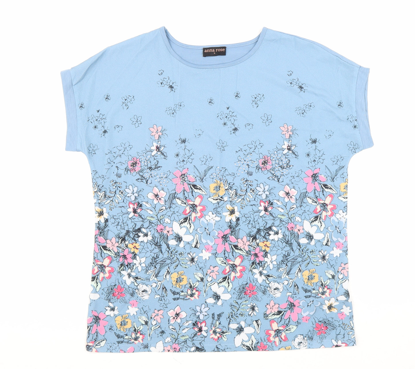 Anna Rose Womens Blue Floral Polyester Basic T-Shirt Size L Scoop Neck