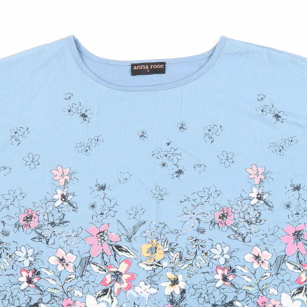 Anna Rose Womens Blue Floral Polyester Basic T-Shirt Size L Scoop Neck