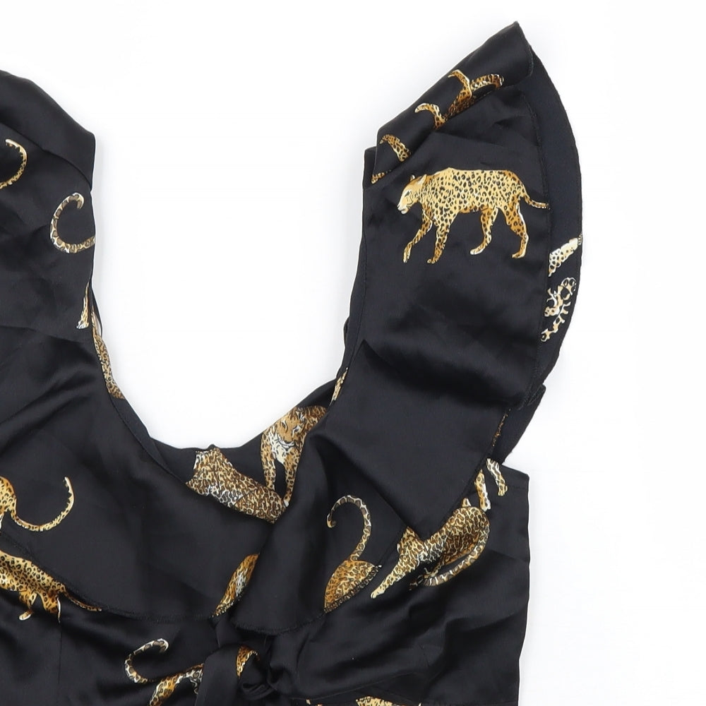 Quiz Womens Black Geometric Polyester Cropped Blouse Size 6 Scoop Neck - Leopard Tie Front