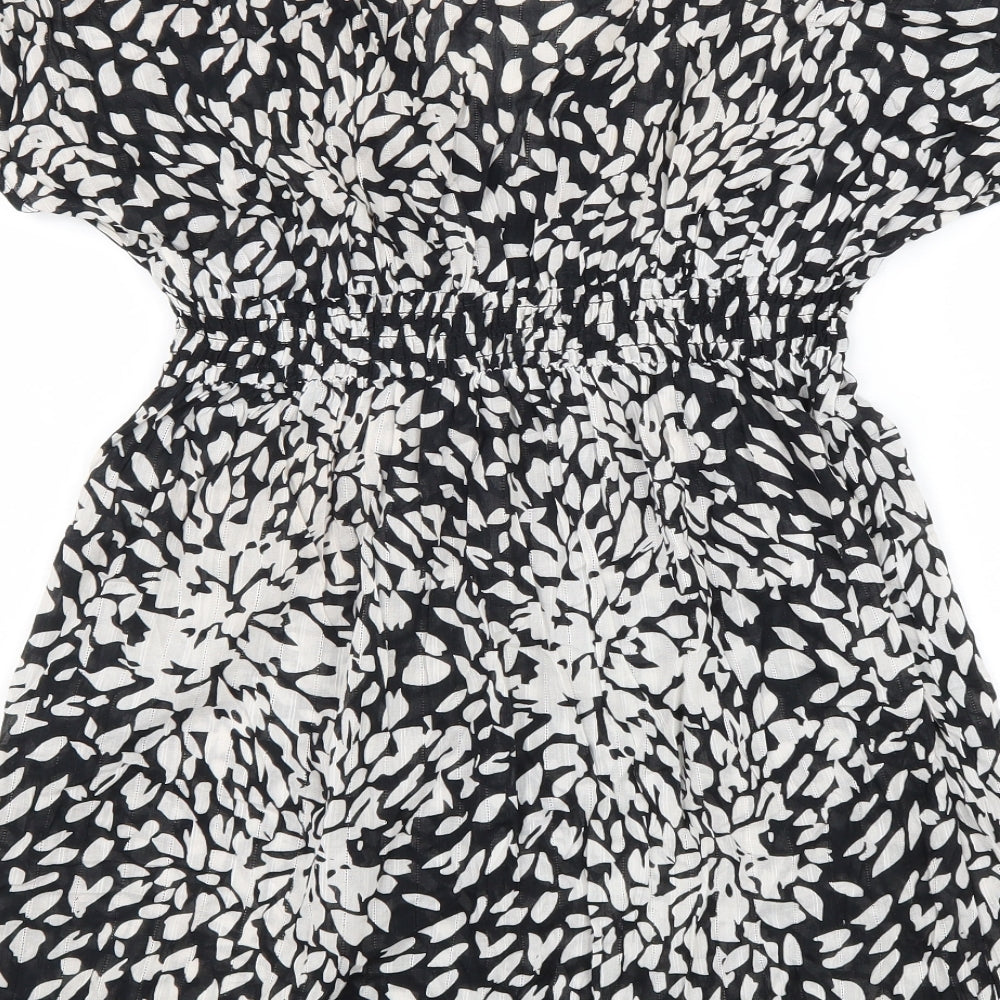 Marks and Spencer Womens Black Geometric Cotton Fit & Flare Size 14 V-Neck Pullover