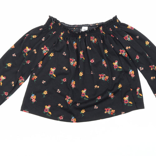 Divided Womens Black Floral Polyester Cropped Blouse Size XS Boat Neck
