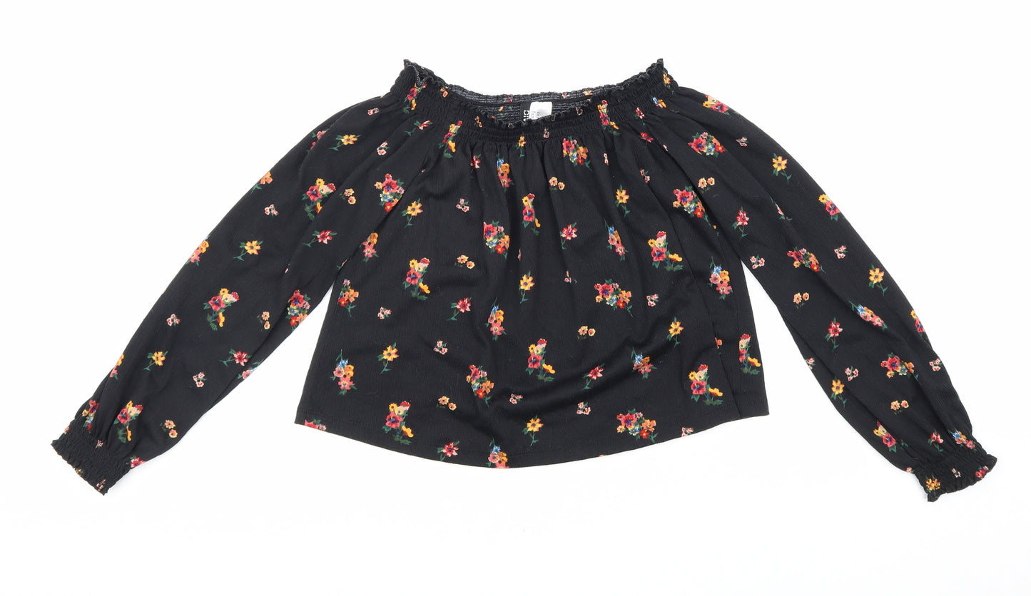 Divided Womens Black Floral Polyester Cropped Blouse Size XS Boat Neck