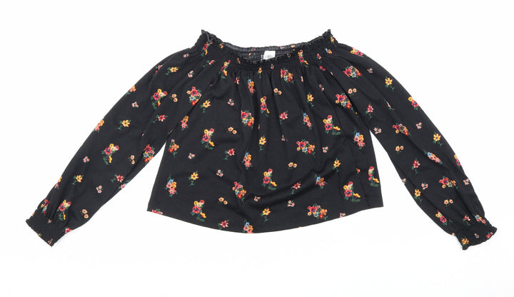 Divided Womens Black Floral Polyester Cropped Blouse Size XS Boat Neck