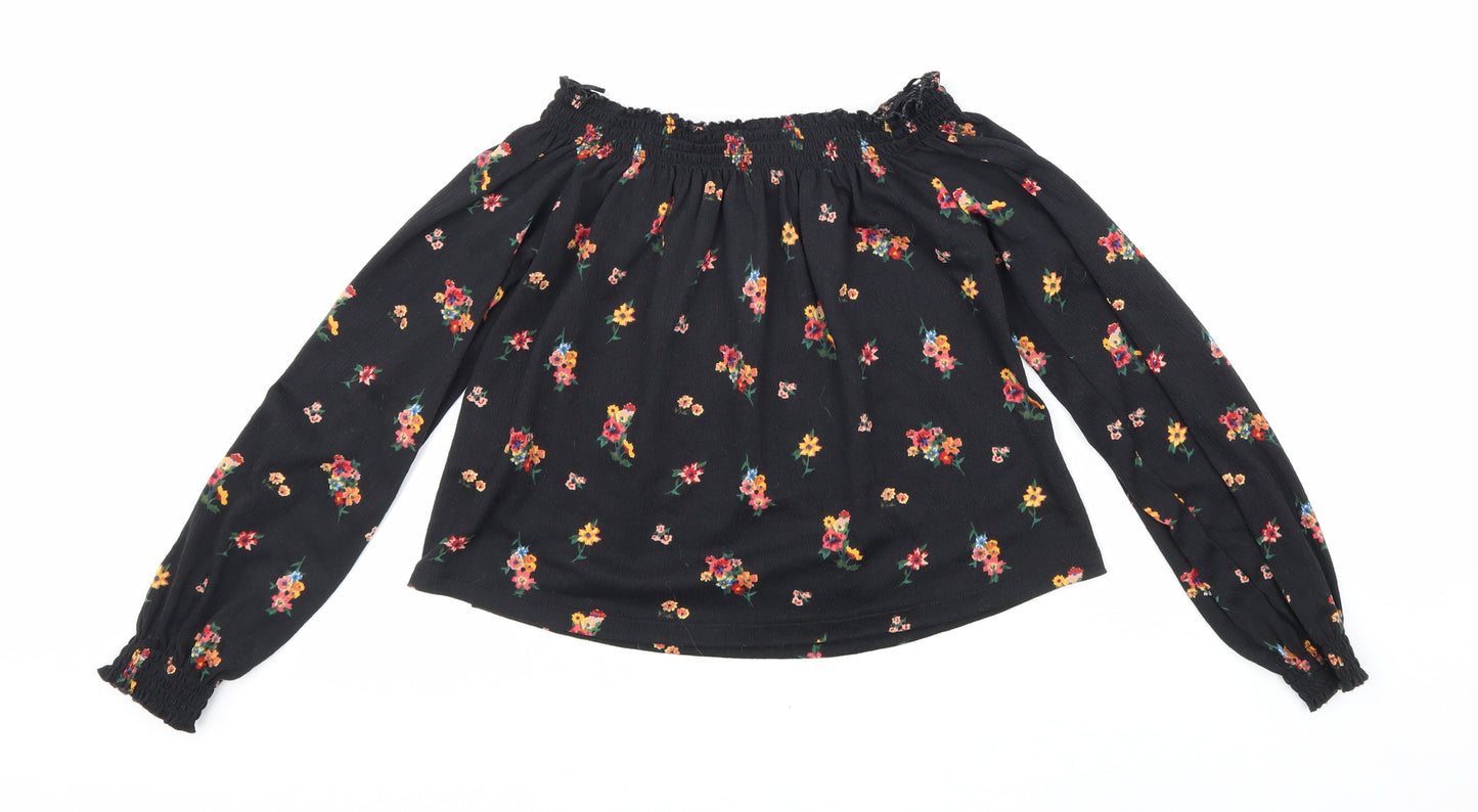 Divided Womens Black Floral Polyester Cropped Blouse Size XS Boat Neck
