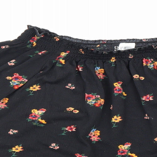 Divided Womens Black Floral Polyester Cropped Blouse Size XS Boat Neck