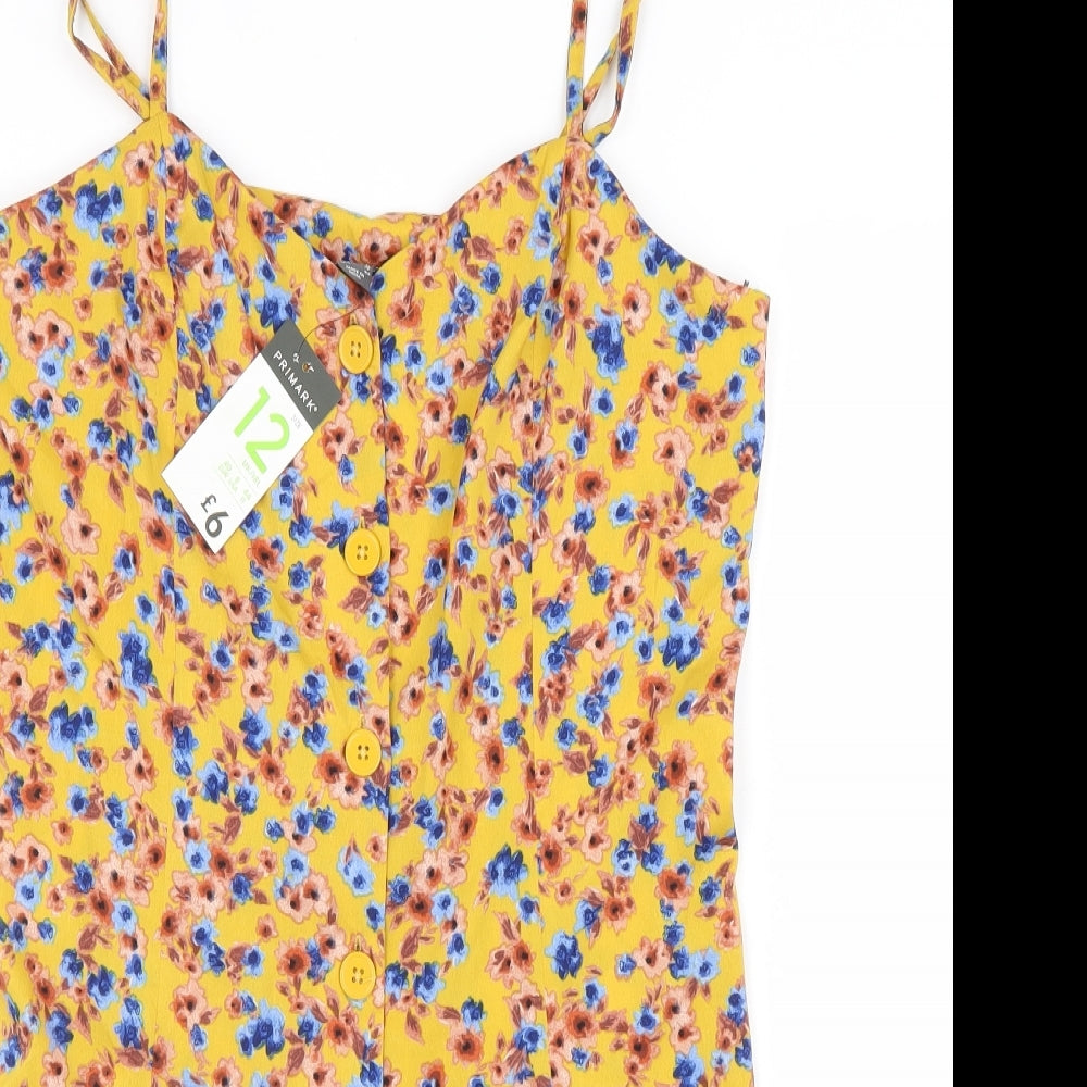 Primark Womens Yellow Floral Polyester Playsuit One-Piece Size 12 Tie - Tie Back