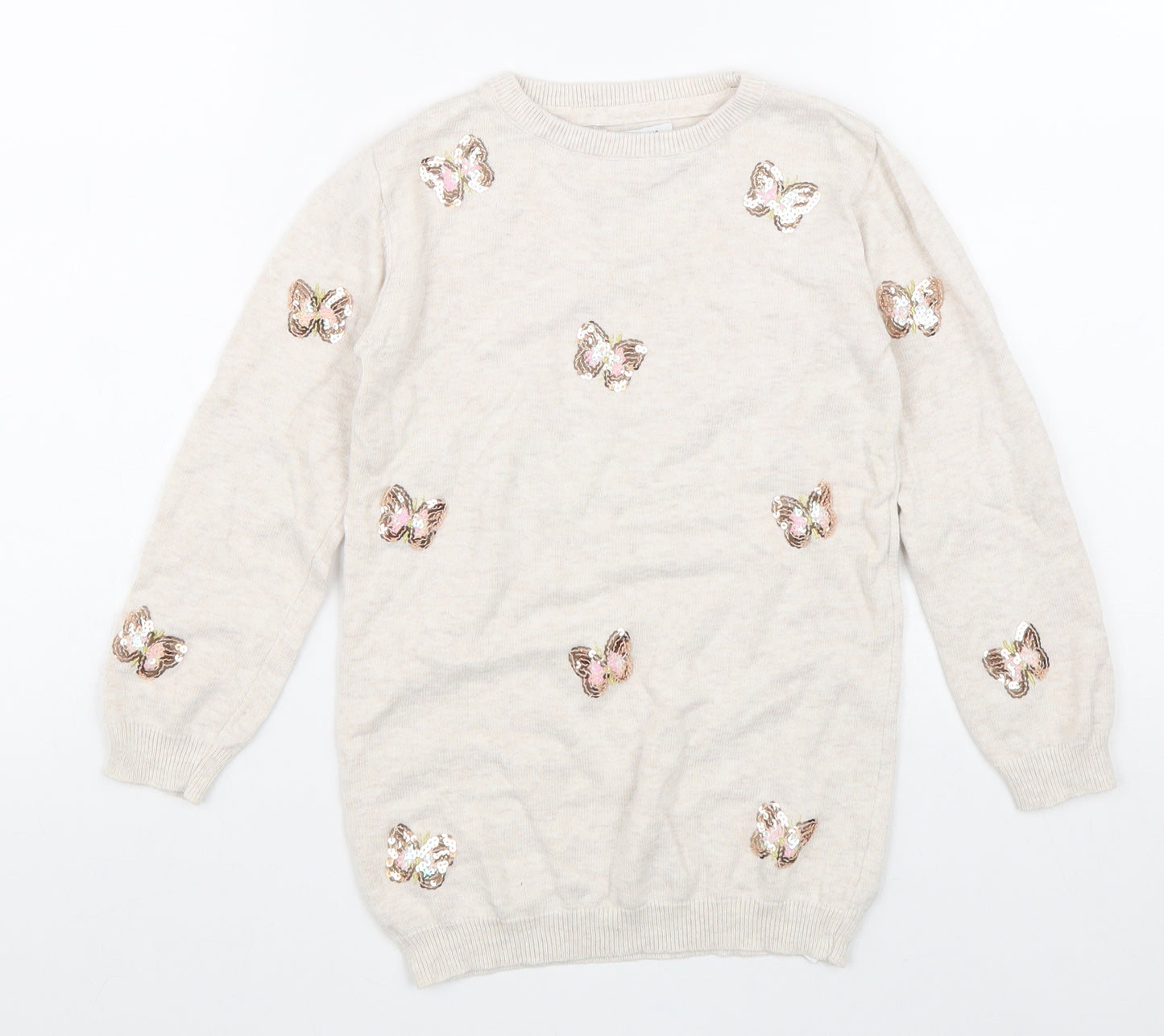 Primark Girls Beige Round Neck Geometric Cotton Pullover Jumper Size 6-7 Years Pullover - Butterfly
