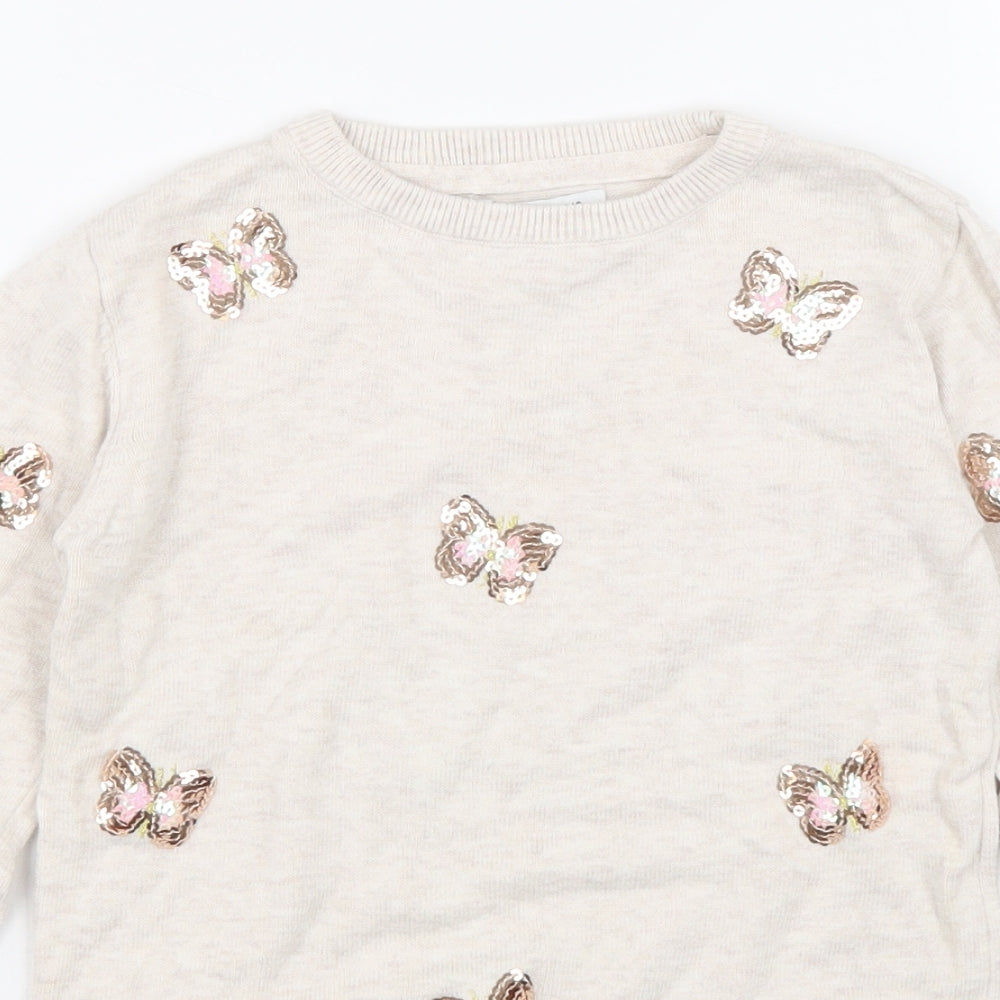 Primark Girls Beige Round Neck Geometric Cotton Pullover Jumper Size 6-7 Years Pullover - Butterfly