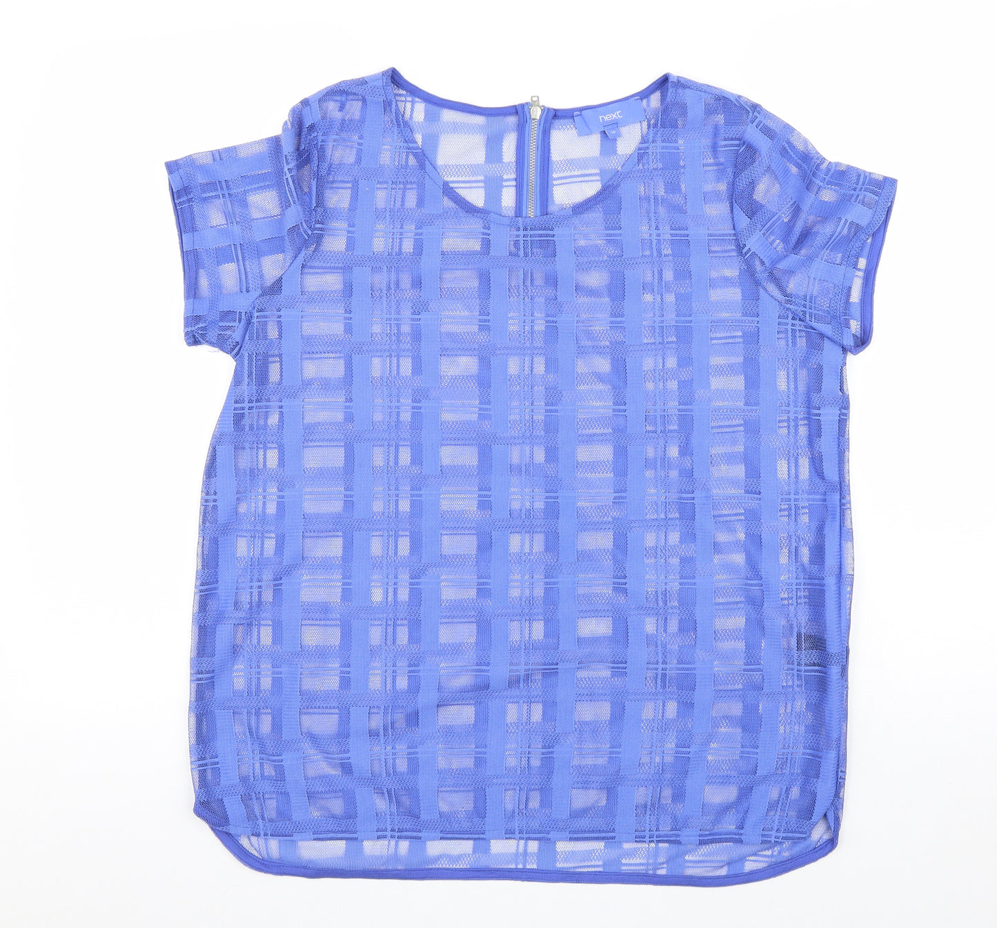 NEXT Womens Blue Plaid Polyester Basic T-Shirt Size 14 Scoop Neck