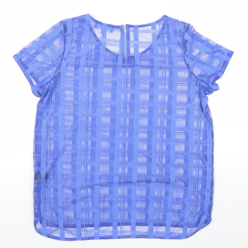 NEXT Womens Blue Plaid Polyester Basic T-Shirt Size 14 Scoop Neck