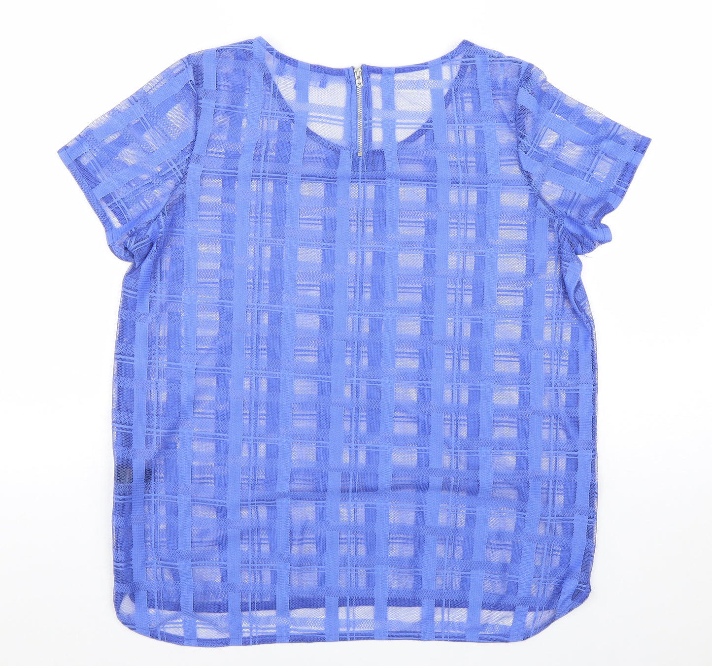 NEXT Womens Blue Plaid Polyester Basic T-Shirt Size 14 Scoop Neck