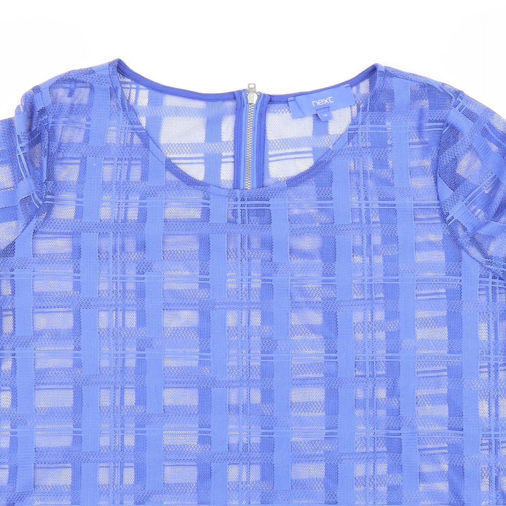 NEXT Womens Blue Plaid Polyester Basic T-Shirt Size 14 Scoop Neck