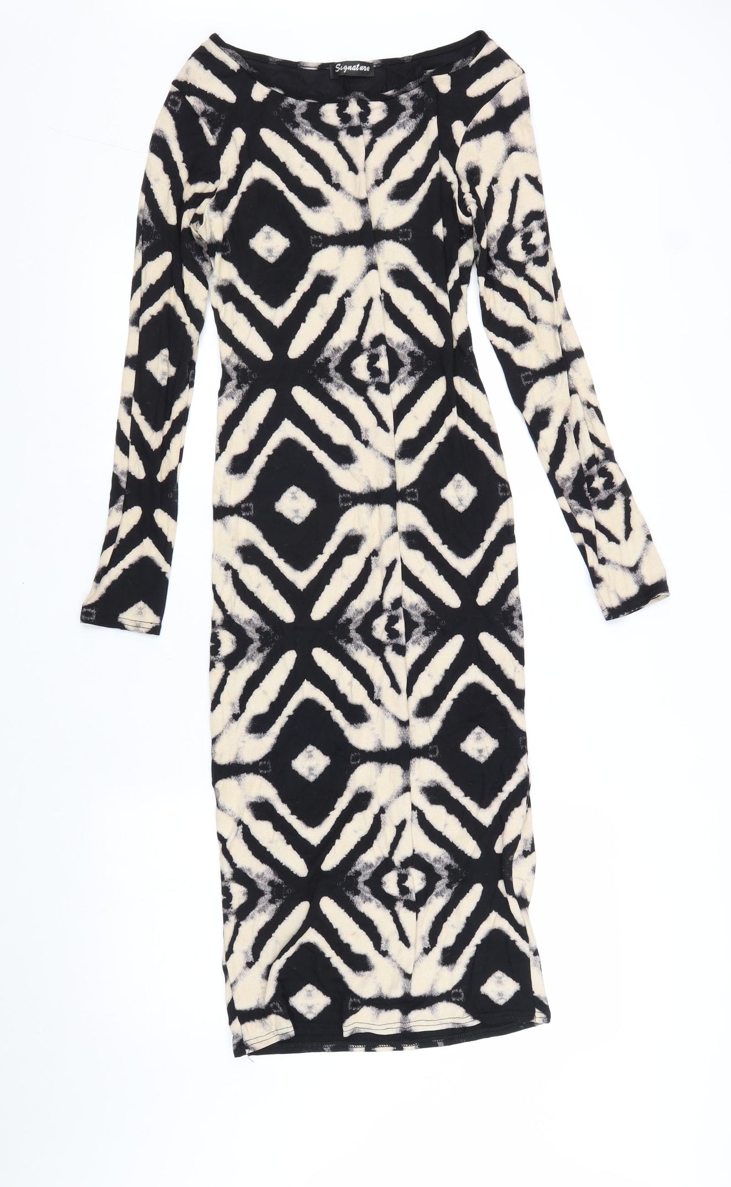 Signature Womens Black Geometric Viscose Bodycon Size M Boat Neck Pullover