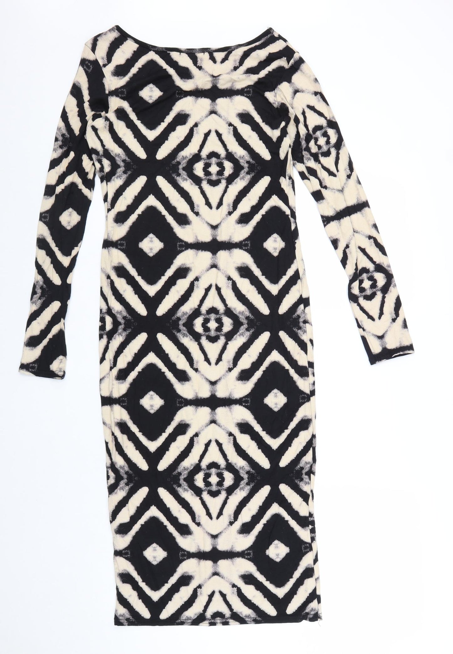 Signature Womens Black Geometric Viscose Bodycon Size M Boat Neck Pullover