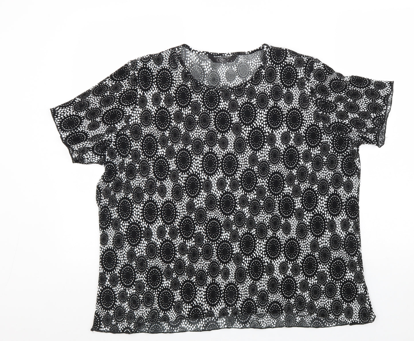 BM Womens Black Geometric Polyester Basic T-Shirt Size L Scoop Neck