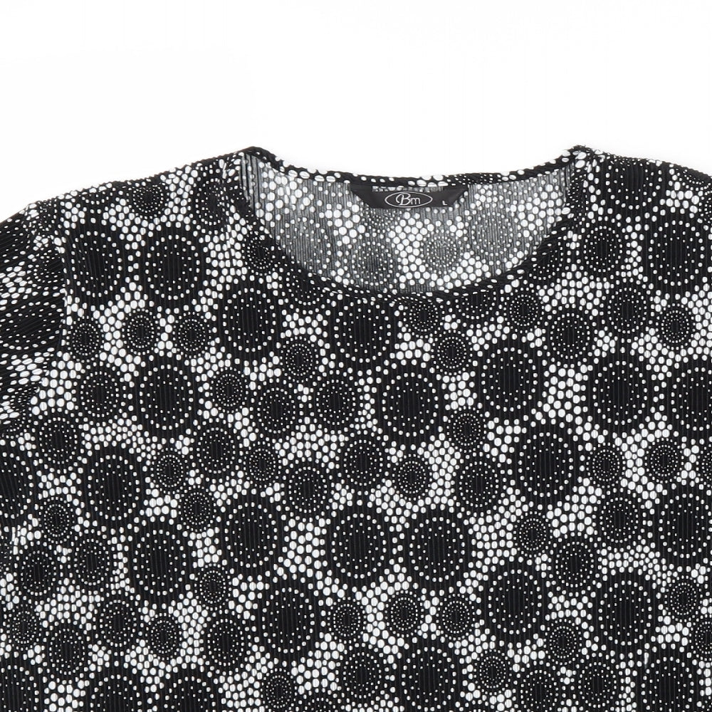 BM Womens Black Geometric Polyester Basic T-Shirt Size L Scoop Neck
