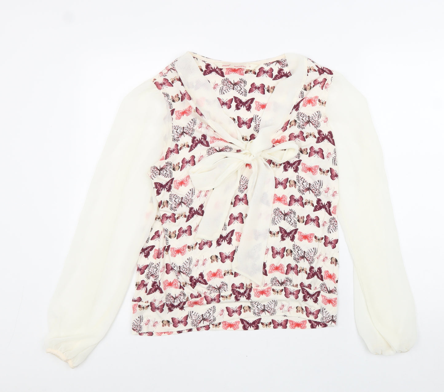 NEXT Womens White Geometric Polyester Basic Blouse Size 14 V-Neck - Butterfly Pussy Bow Neck Chiffon Sleeve