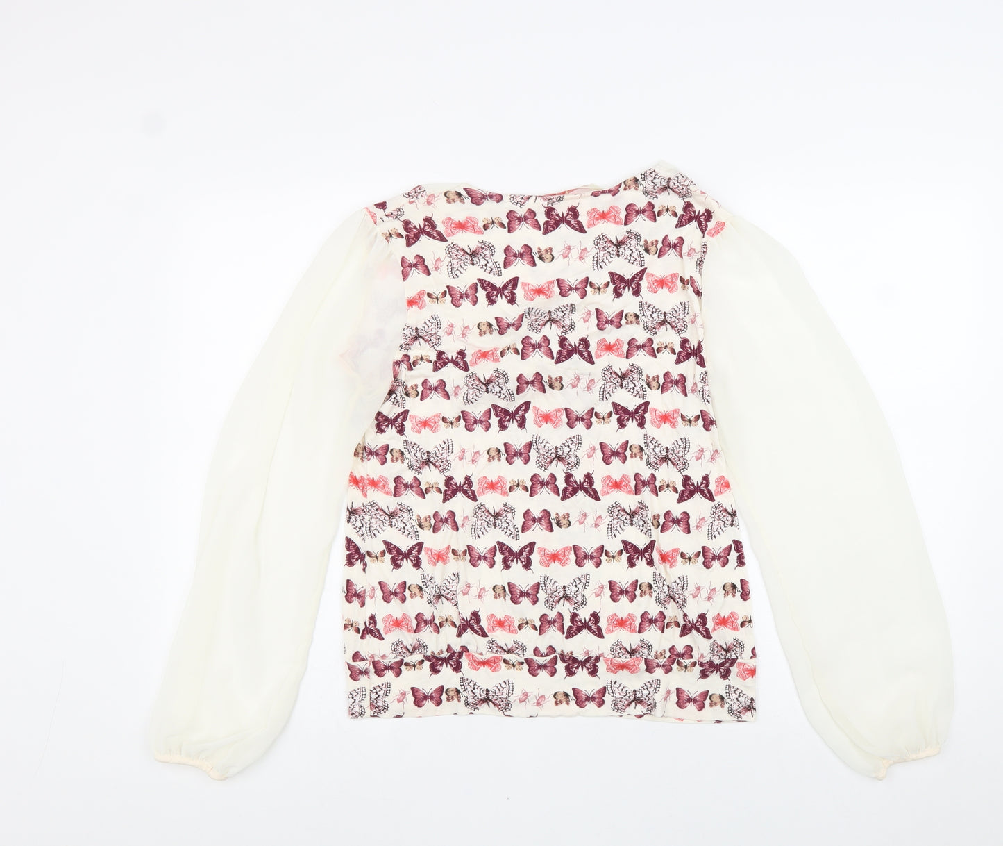 NEXT Womens White Geometric Polyester Basic Blouse Size 14 V-Neck - Butterfly Pussy Bow Neck Chiffon Sleeve