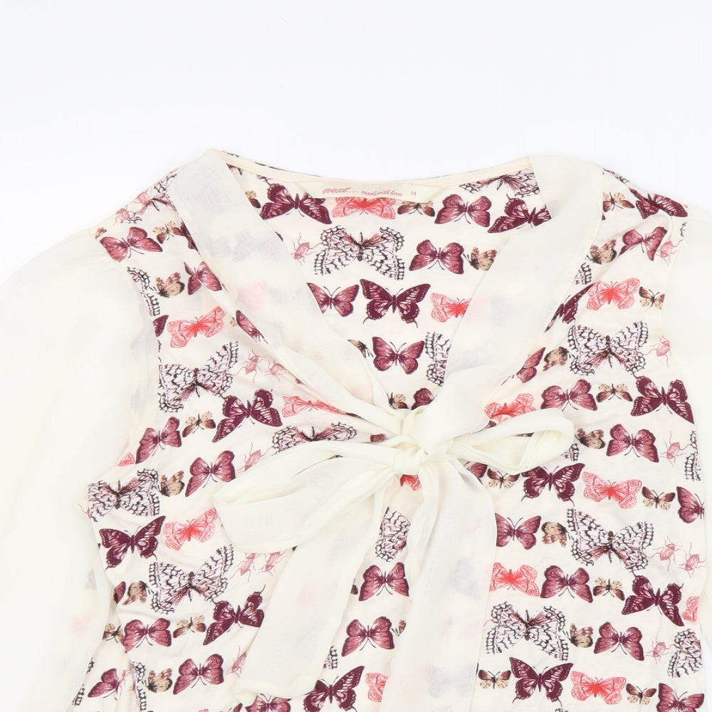 NEXT Womens White Geometric Polyester Basic Blouse Size 14 V-Neck - Butterfly Pussy Bow Neck Chiffon Sleeve