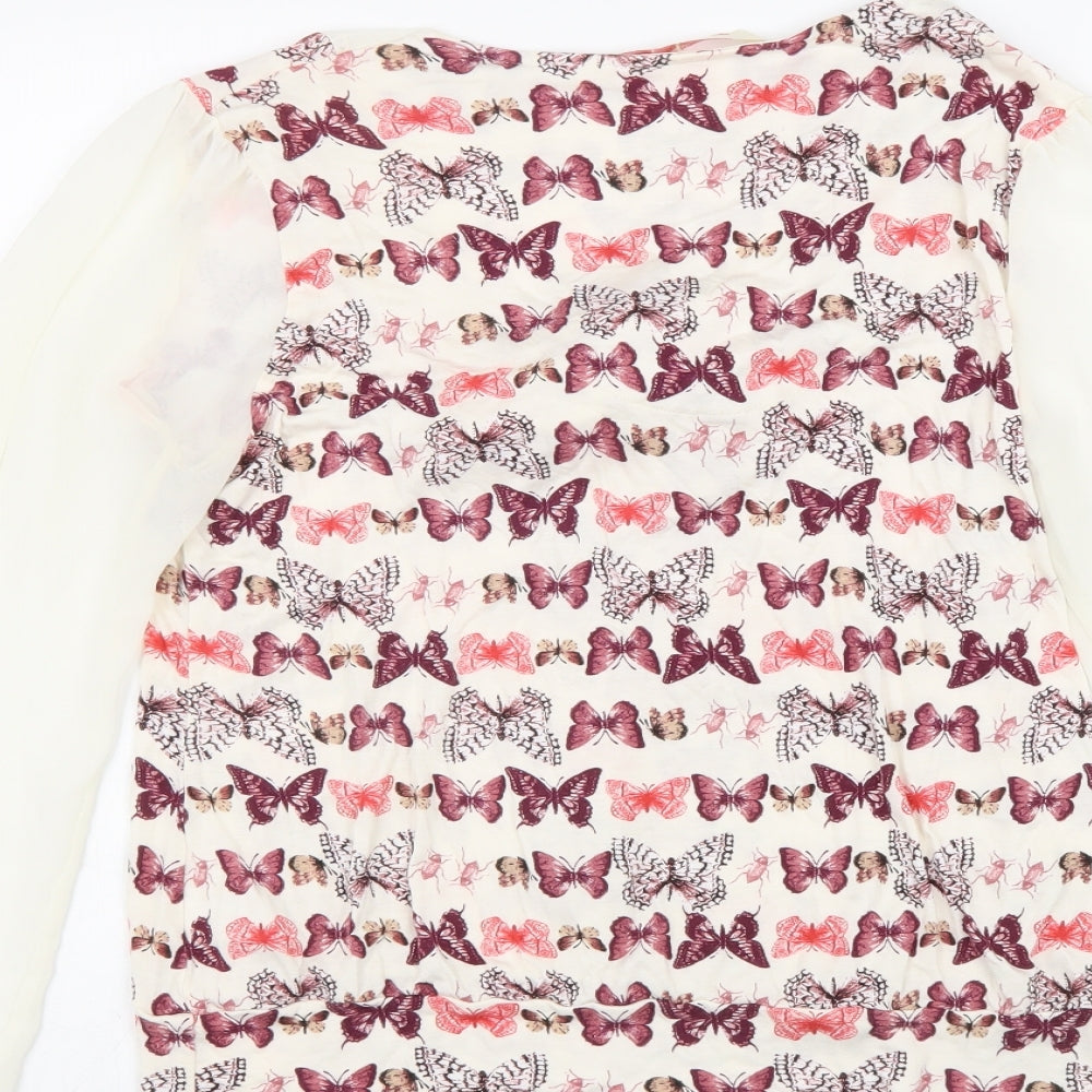 NEXT Womens White Geometric Polyester Basic Blouse Size 14 V-Neck - Butterfly Pussy Bow Neck Chiffon Sleeve