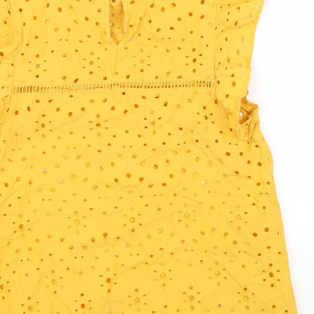 Dorothy Perkins Womens Yellow Geometric 100% Cotton Basic Tank Size 10 Round Neck - Broderie Anglaise